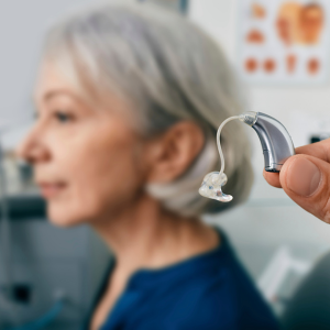 hearing aid with a lady in the background