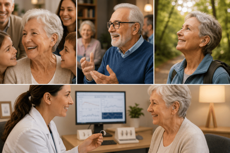 A collage of older adults enjoying meaningful moments with family, social activities, outdoor experiences, and hearing care consultations while wearing hearing aids in warm, welcoming environments.