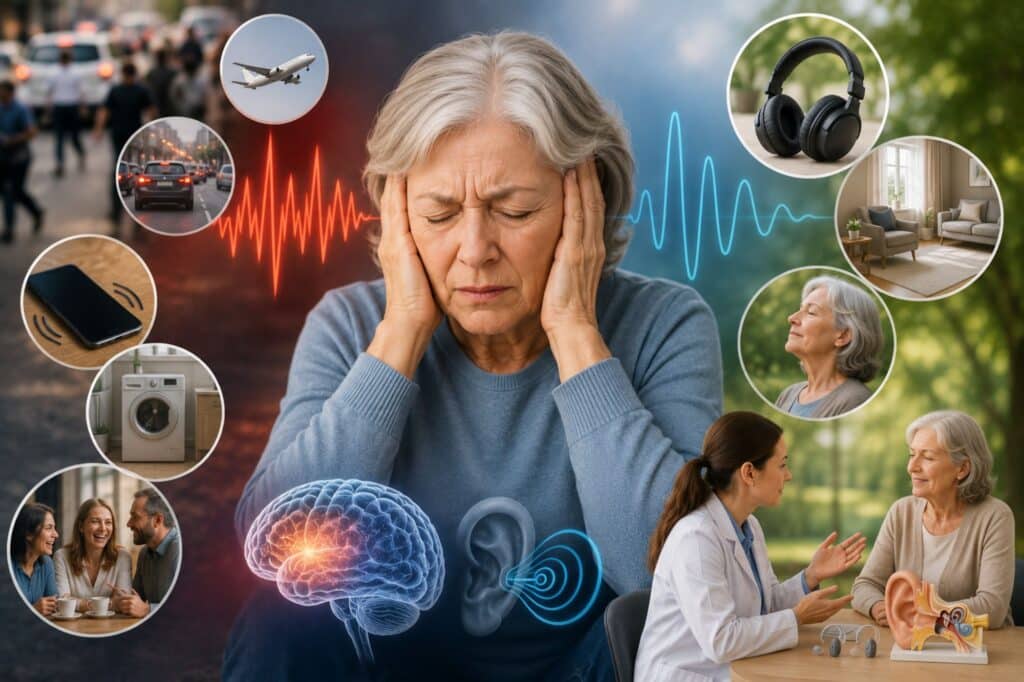 An older woman covers her ears in discomfort while surrounded by common everyday noise sources, contrasted with calming scenes of quiet environments, hearing protection, and a consultation with a hearing care professional about managing sound sensitivity and hyperacusis.