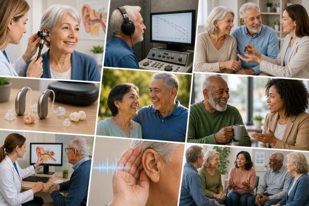 A collage highlighting the importance of regular hearing check-ups, featuring adults receiving hearing evaluations, consulting with hearing care professionals, being fitted with hearing aids, discussing hearing health, and enjoying active, connected lives through early detection and personalized hearing care.