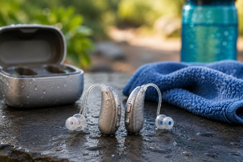 A pair of modern water-resistant hearing aids with water droplets resting beside a charging case and microfiber cloth on a damp outdoor surface, illustrating the durability and moisture protection of today's advanced hearing aid technology.