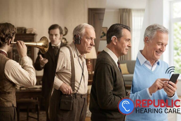 A four-panel visual timeline showing the evolution of hearing technology, from a historical brass ear trumpet to early electronic body-worn devices, classic behind-the-ear models, and a modern smart hearing aid connected to a smartphone.