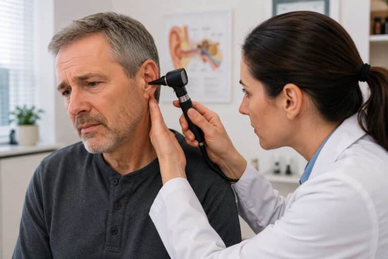 A healthcare professional examining a patient’s ear with an otoscope, illustrating the importance of diagnosing and treating ear infections to protect hearing health.